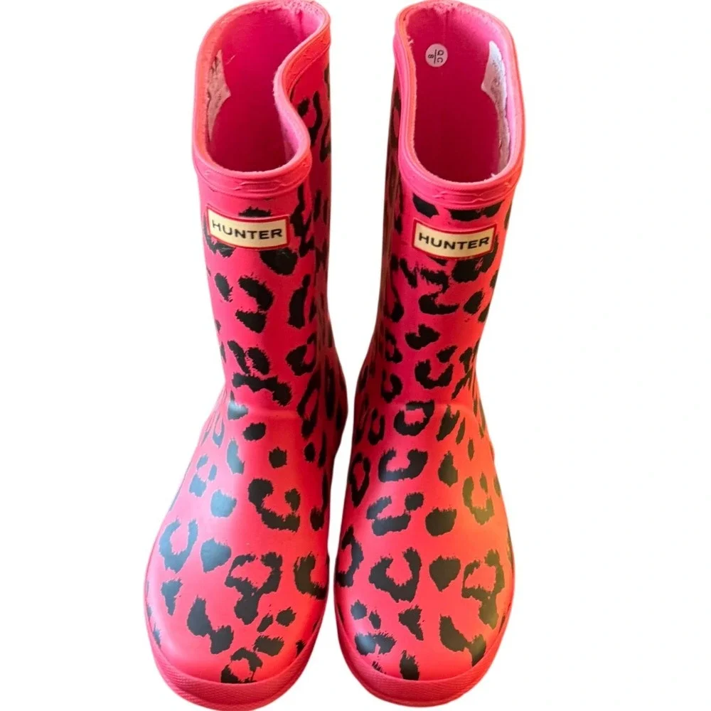 Hunter First Classic Rain Boots Kids Girls 4 Pink Leopard Hybrid Print Adventure